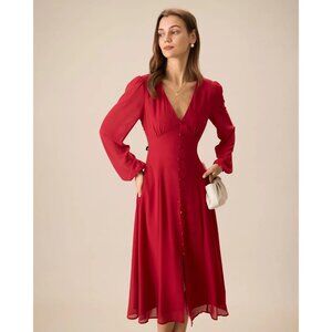 RIHOAS Red Button-Front V-Neck Midi Dress